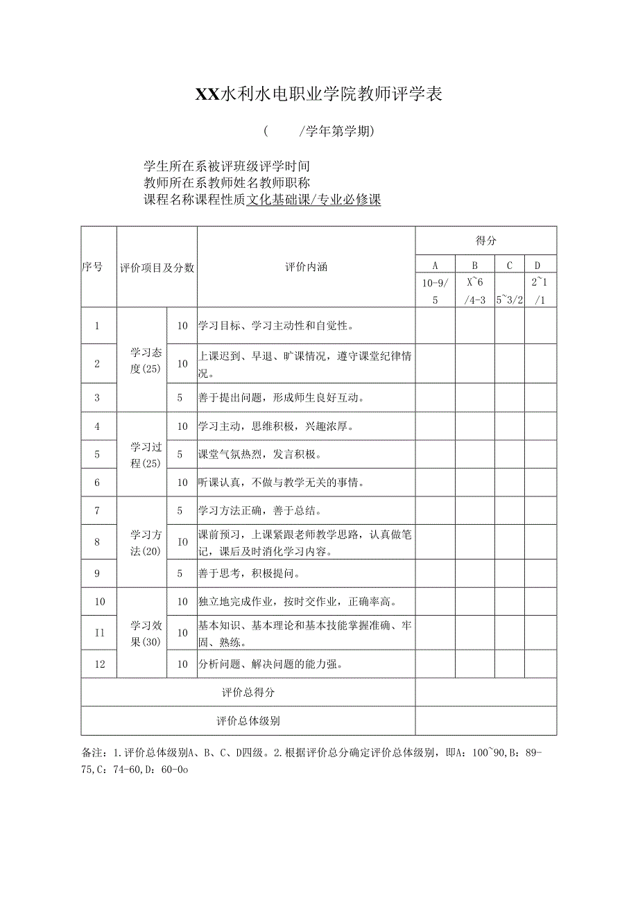 XX水利水电职业学院教师评学表(2024年).docx_第1页