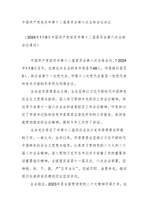 中国共产党安庆市第十二届委员会第六次全体会议决议.docx