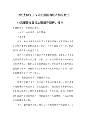 公司支部关于深刻把握国有经济和国有企业高质量发展根本遵循专题研讨发言.docx