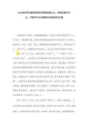2024党纪学习教育党的纪律规矩是什么弄明白能干什么、不能干什么专题研讨发言材料汇篇.docx