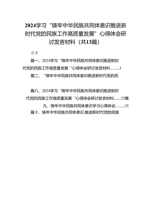 学习“铸牢中华民族共同体意识推进新时代党的民族工作高质量发展”心得体会研讨发言材料13篇（精编版）.docx