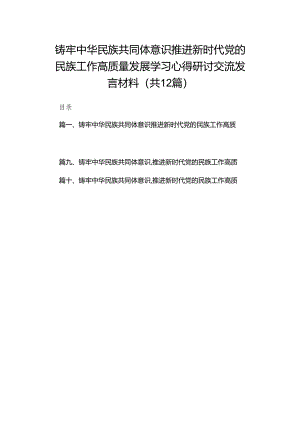 铸牢中华民族共同体意识推进新时代党的民族工作高质量发展学习心得研讨交流发言材料12篇供参考.docx