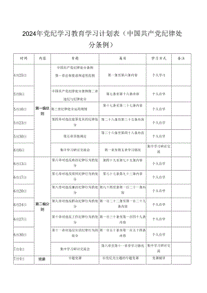 2024年党纪学习教育学习计划表（中国共产党纪律处分条例+计划表）.docx