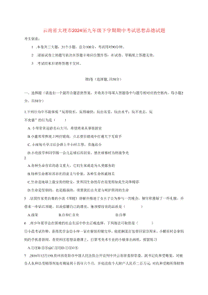 云南大理市2024届九年级思想品德下学期期中!.docx
