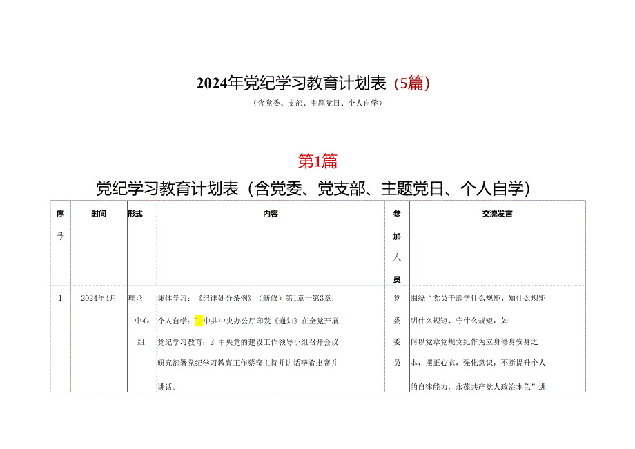 2024年党纪学习教育学习计划安排表(4月-7月)(五篇合集).docx_第1页