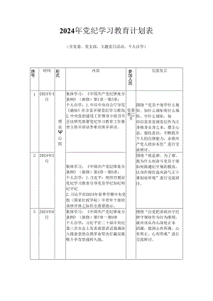 2024年党纪学习教育计划表（含党委、党支部、主题党日活动、个人自学）.docx