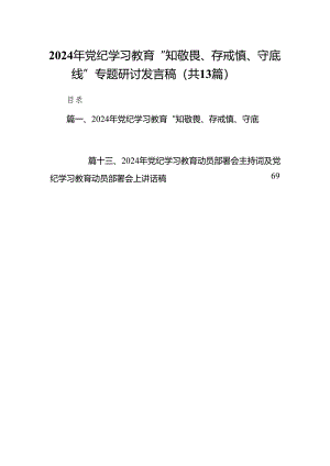 2024年党纪学习教育“知敬畏、存戒慎、守底线”专题研讨发言稿13篇（精选版）.docx