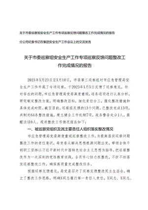 2篇 市委巡察组安全生产工作专项巡察反馈问题整改工作完成情况的报告+纪委书记在集团安全生产工作会议上的交流发言.docx