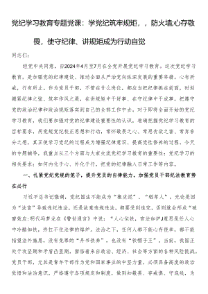 党纪学习教育专题党课：学党纪筑牢规矩“防火墙”心存敬畏使守纪律、讲规矩成为行动自觉.docx