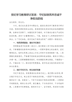 党纪学习教育研讨发言：守纪如铁 筑牢忠诚干净担当防线.docx