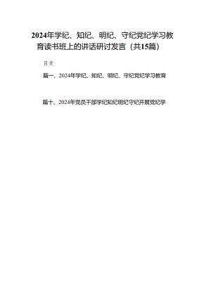 2024年学纪、知纪、明纪、守纪党纪学习教育读书班上的讲话研讨发言（共15篇）.docx