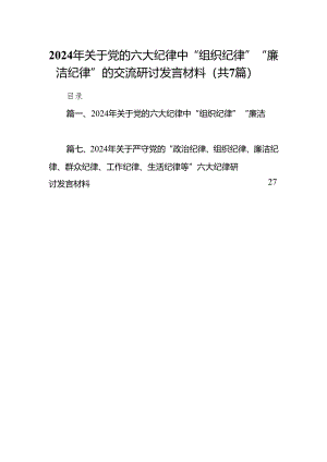 (七篇)2024年关于党的六大纪律中“组织纪律”“廉洁纪律”的交流研讨发言材料合集.docx