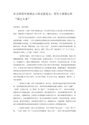 在五四青年座谈会上的交流发言：青年干部要心怀“国之大者”.docx