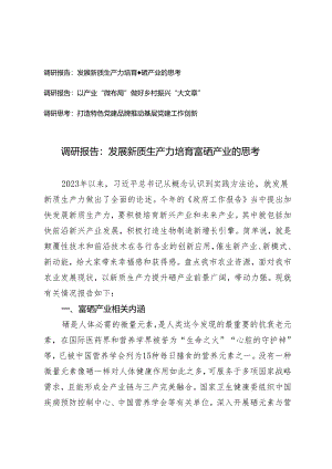 3篇调研报告：发展新质生产力培育富硒产业的思考 以产业“微布局”做好乡村振兴“大文章” 打造特色党建品牌推动基层党建工作创新.docx