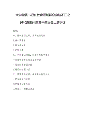 大学党委书记在教育领域群众身边不正之风和腐败问题集中整治会上的讲话.docx