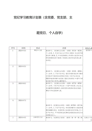 党纪学习教育计划表（含党委、支部、主题党日、个人自学）.docx