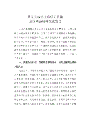 某某县政协主席学习贯彻全国两会精神交流发言.docx