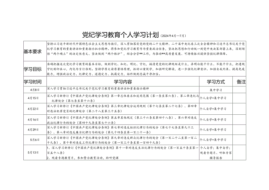 2024党员干部个人党纪学习教育学习计划安排表和应知应会知识点100条.docx_第2页