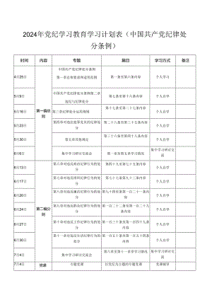 2024年党纪学习教育学习计划表（中国共产党纪律处分条例）.docx