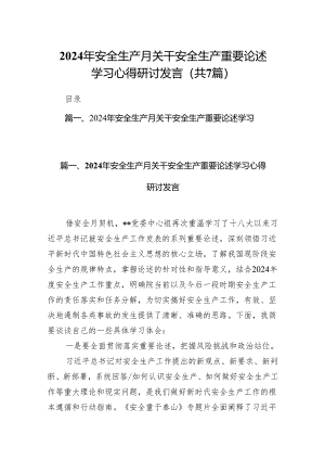 2024年安全生产月关干安全生产重要论述学习心得研讨发言(7篇合集).docx