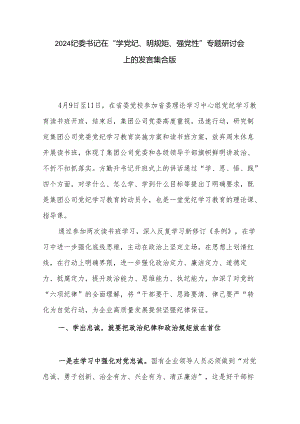 2024纪委书记在“学党纪、明规矩、强党性”专题研讨会上的发言集合版.docx