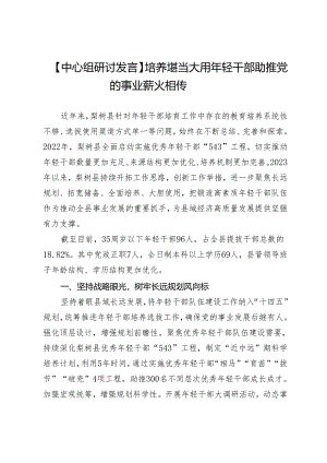 【中心组研讨发言】培养堪当大用年轻干部助推党的事业薪火相传.docx