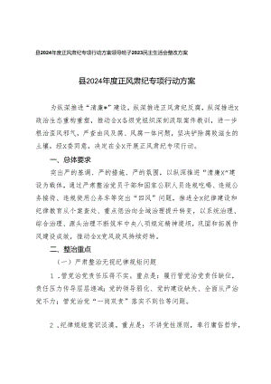 2篇 县2024年度正风肃纪专项行动方案+领导班子2023民主生活会整改方案.docx
