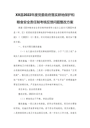 XX县2022年度党委政府落实耕地保护和粮食安全责任制考核反馈问题整改方案.docx