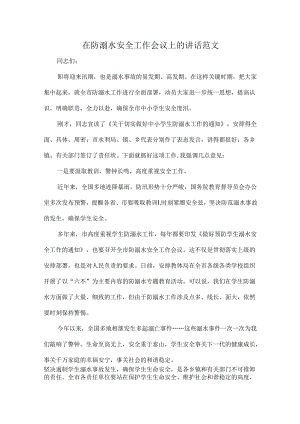 在防溺水安全工作会议上的讲话范文.docx