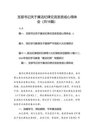 支部书记关于廉洁纪律交流发言或心得体会16篇（精选）.docx