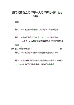 廉洁纪律群众纪律等六大纪律研讨材料16篇（精选）.docx