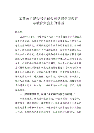 某某公司纪委书记在公司党纪学习教育警示教育大会上的讲话.docx