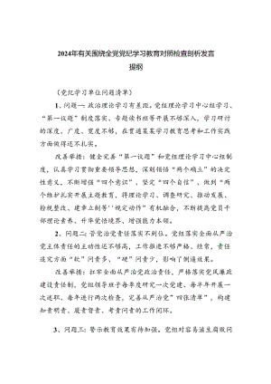 2024年有关围绕全党党纪学习教育对照检查剖析发言提纲(六篇集合).docx