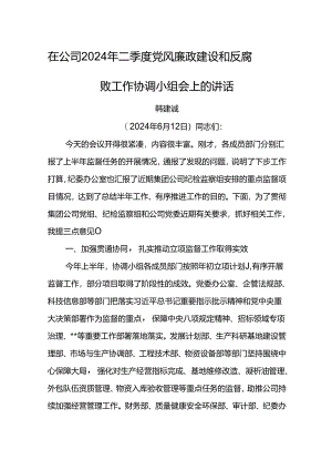 党委书记在公司2024年二季度党风廉政建设和反腐败工作协调小组会上的讲话.docx