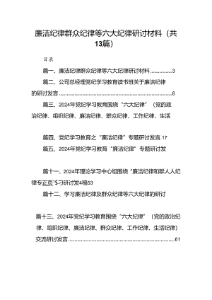 廉洁纪律群众纪律等六大纪律研讨材料13篇（最新版）.docx