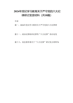 2024年党纪学习教育关于严守党的六大纪律研讨发言材料样本18篇（精选）.docx