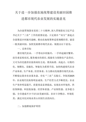关于进一步加强农地统筹建设美丽田园推进都市现代农业发展的实施意见.docx