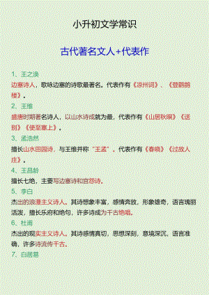 小升初文学常识古代著名文人及代表作.docx