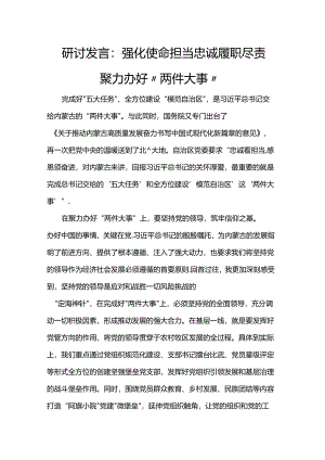 研讨发言：强化使命担当 忠诚履职尽责聚力办好“两件大事”.docx