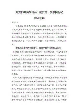 党支部集体学习会上的发言：学条例+明纪律+守规矩.docx