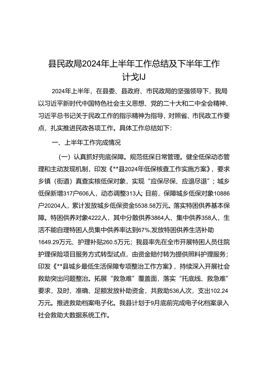 县民政局2024年上半年工作总结及下半年工作计划.docx_第1页