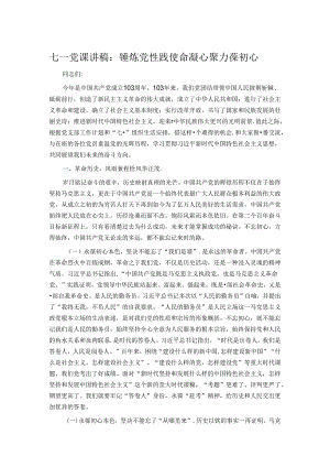 七一党课讲稿：锤炼党性践使命凝心聚力葆初心.docx