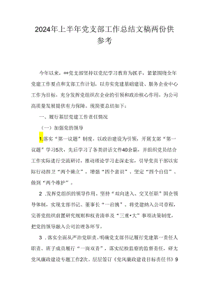 2024年上半年党支部工作总结文稿两份供参考.docx
