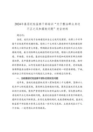 2024年基层纪检监察干部培训“关于整治群众身边不正之风和腐败问题”发言材料.docx