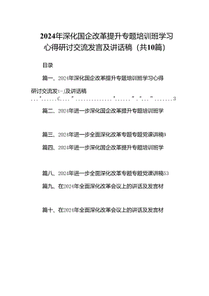 2024年深化国企改革提升专题培训班学习心得研讨交流发言及讲话稿十篇（精选）.docx