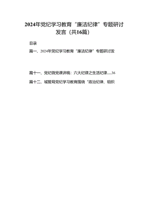 2024年党纪学习教育“廉洁纪律”专题研讨发言16篇（详细版）.docx
