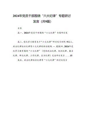 2024年党员干部围绕“六大纪律”专题研讨发言范文九篇（精选版）.docx