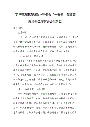 某县强农惠农财政补贴资金“一卡通”专项清理行动工作部署会议讲话.docx