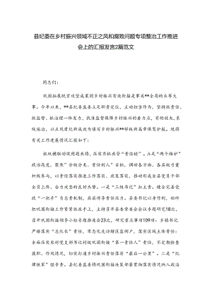 县纪委在乡村振兴领域不正之风和腐败问题专项整治工作推进会上的汇报发言2篇范文.docx