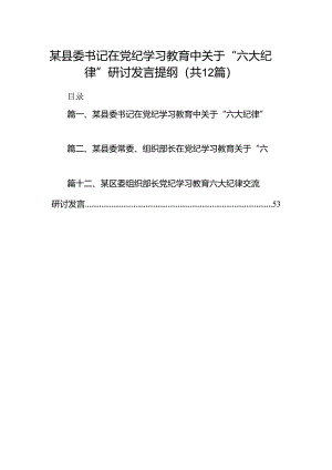 某县委书记在党纪学习教育中关于“六大纪律”研讨发言提纲（共12篇）.docx